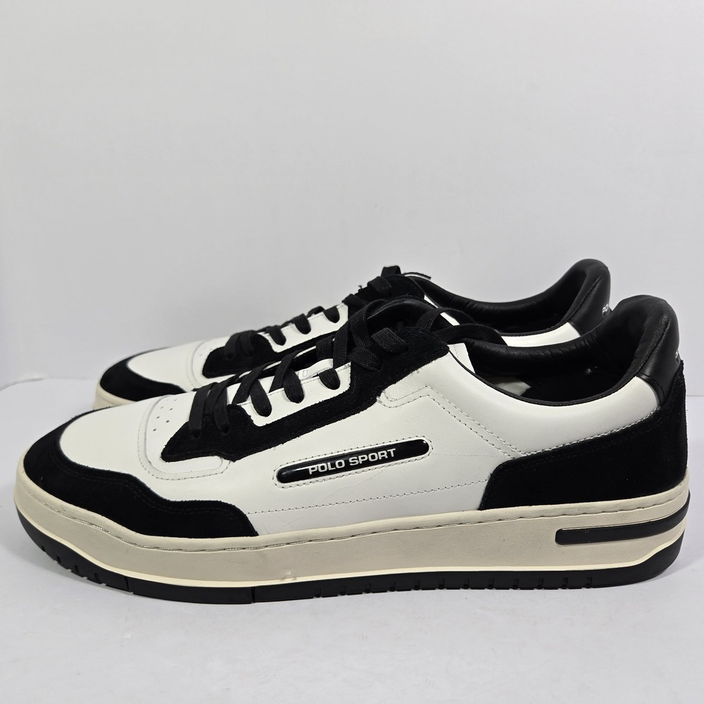 Mens 15 Polo Ralph Lauren Polo Sport PS 300 Off White Black Leather Shoe Sneaker